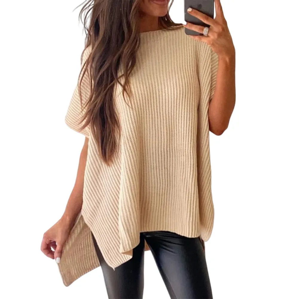 2025 Fall Clothing Women's Oversized Knit Top, Casual Crew Neck Drop Shoulder Loose Fit Short Sleeve Pullover Sweater with Side Slit