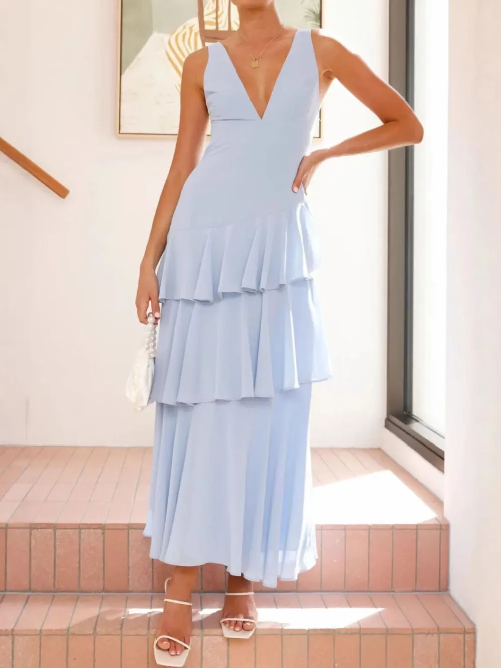 Sleeveless Ruffled Layered Backless Maxi Dress