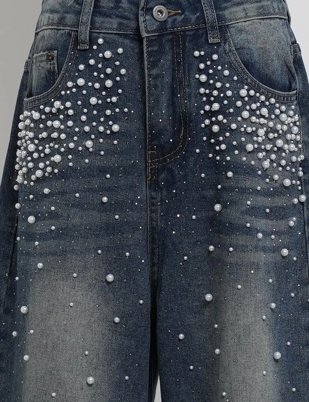 Faux Pearl Button Waist Wide Leg Denim Pants