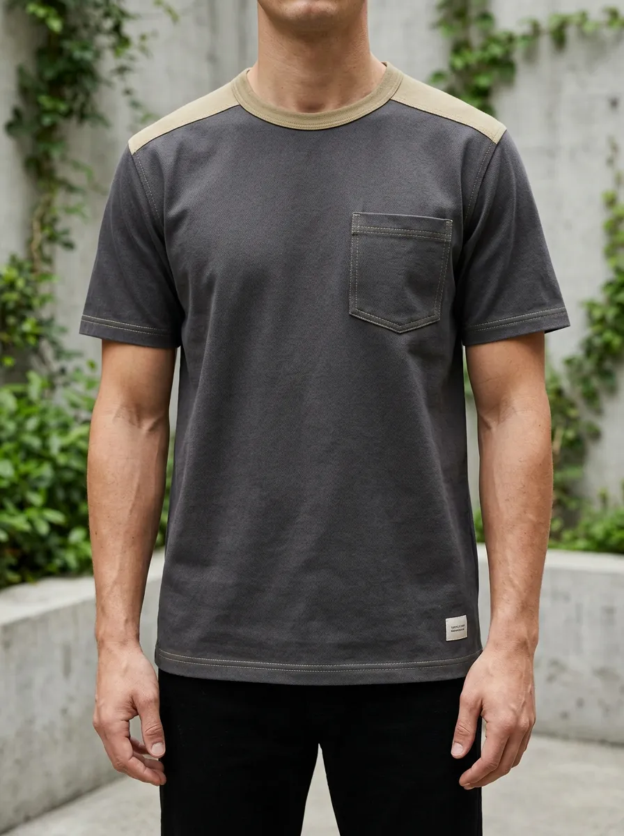 Men's Workwear T-Shirt with Visible Topstitching and Crewneck