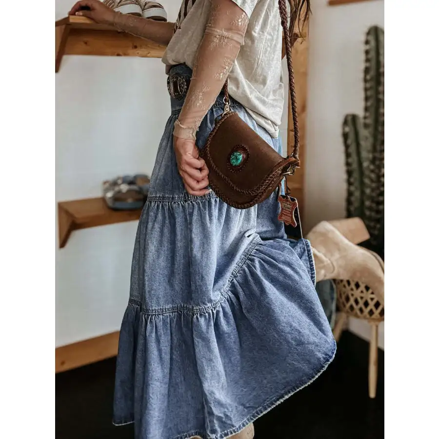 Tiered Button-fly Denim Skirt