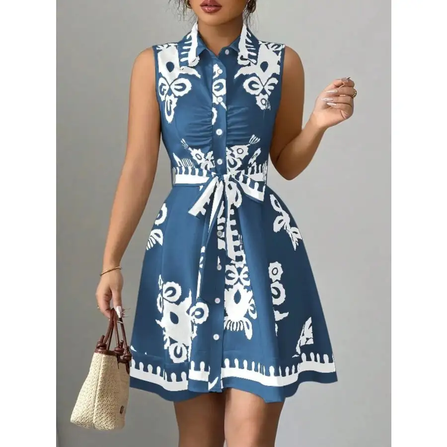Printed Sleeveless Tie Waist Mini Dress