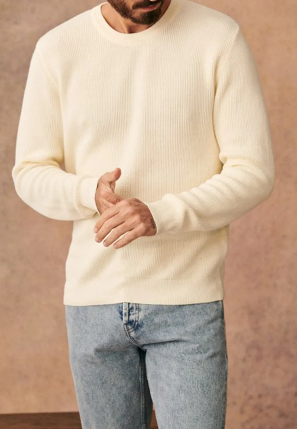 Cream Ribbed Knit Crew Neck Casual Sweater