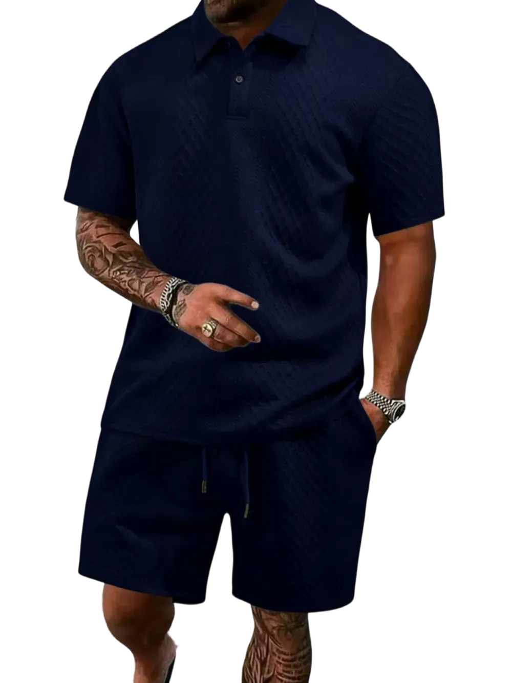 Men's Summer Casual Textured Polo Shirt and Shorts Two-Piece Set