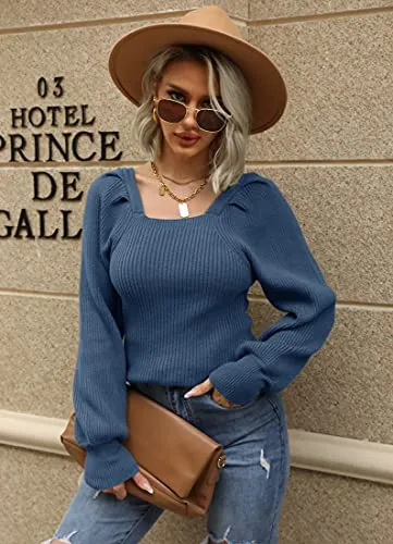 Women's Square Neck Long Lantern Sleeve Sweater Fit Chunky Knitted Pullover Jumper Tops