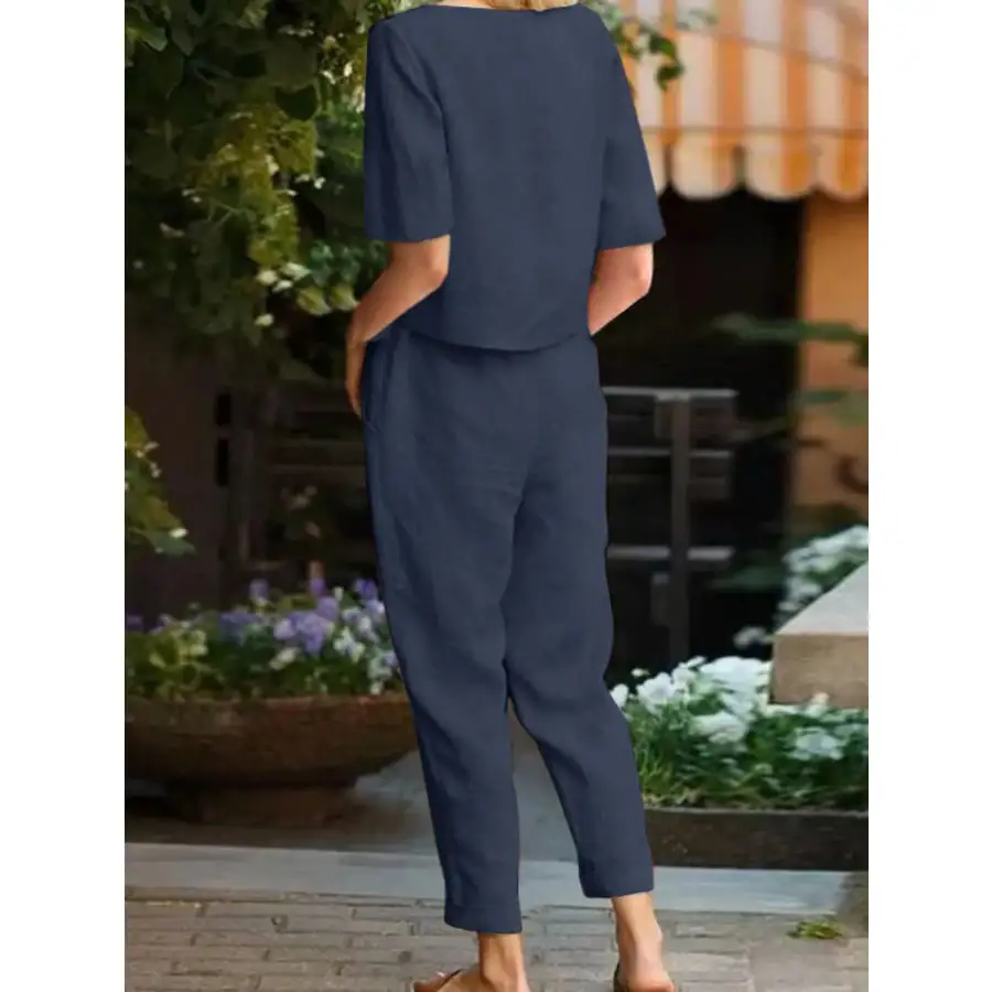 Relaxed Round Neck Short Sleeve Top and Pants Set