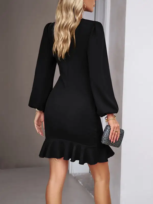 Relaxed Puff Sleeve Pleated Solid Color Split Joint Round Neck Mini
