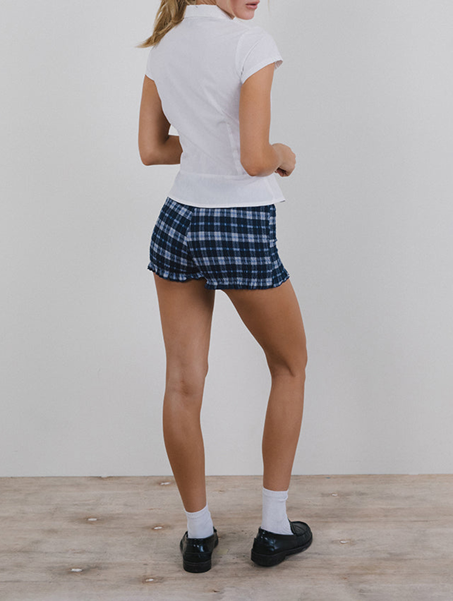 Shirred Shorts In Tartan Dark Blue