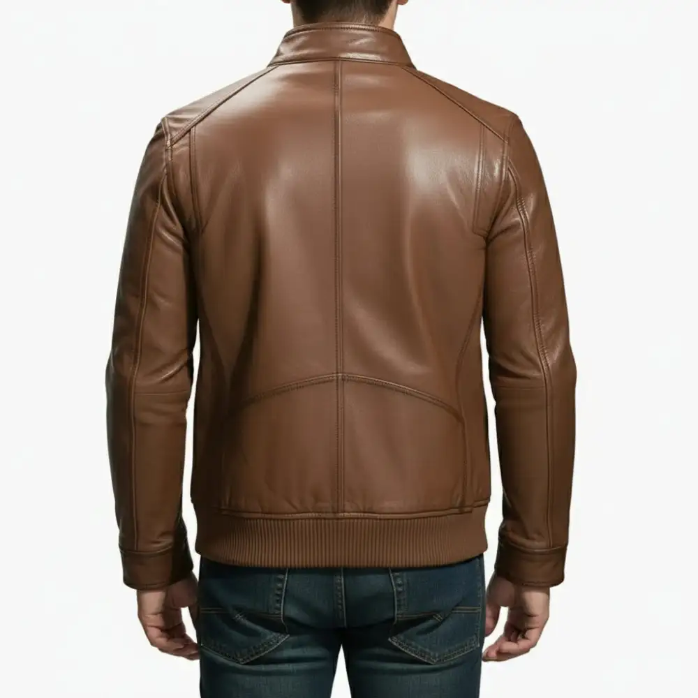 Leather Biker Motorcycle Banded Collar Jacket