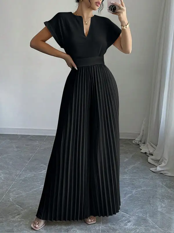 Losse Jumpsuits Met Korte Mouwen Geplooide Effen Kleur