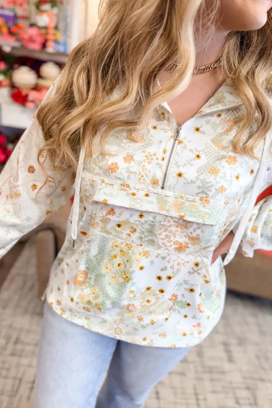 Women's Floral Print Long Sleeve Zip Detail Top