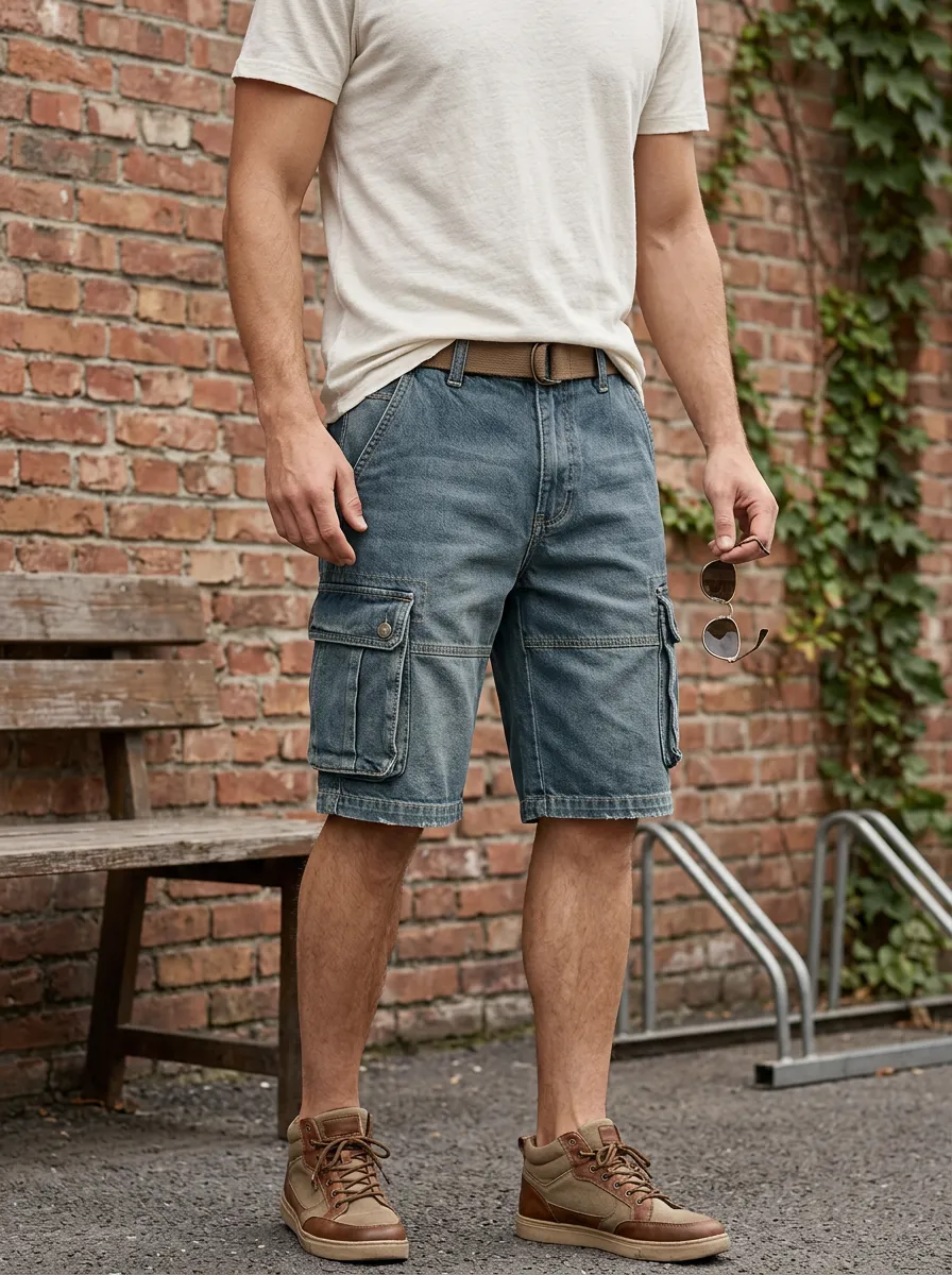 Men's Multi-Pocket Button Zip Fly Denim Cargo Shorts