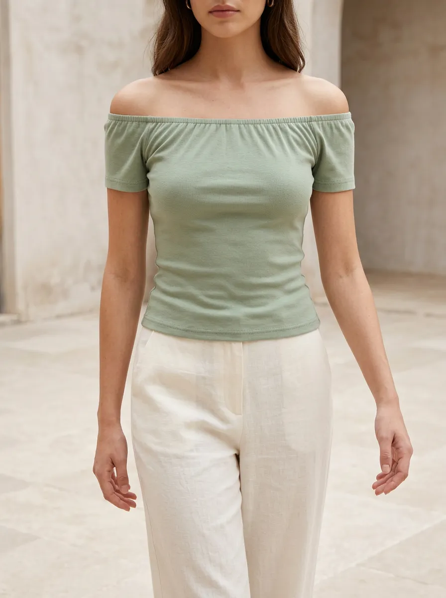 Women's Sage Green Solid Color Off-Shoulder Fitted Top