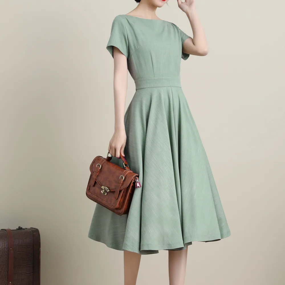 Refined Linen Cotton Fit And Flare Swing Short Sleeve Midi Dress