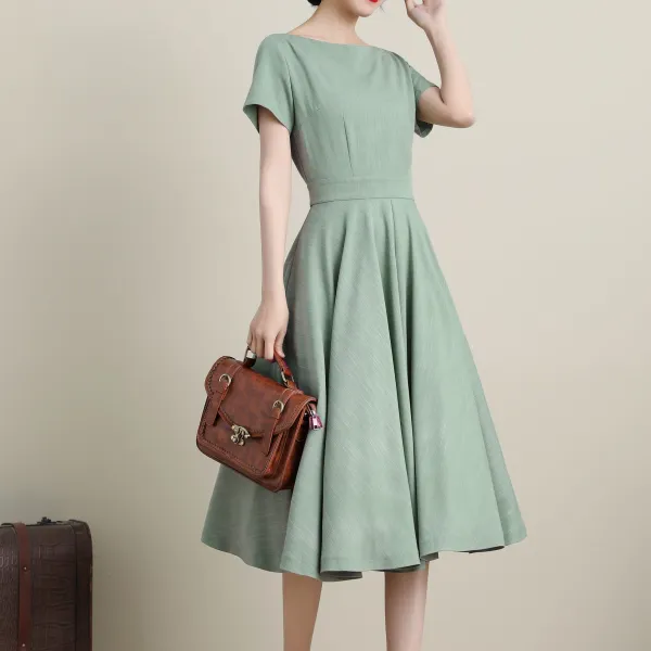 Refined Linen Cotton Fit And Flare Swing Short Sleeve Midi Dress