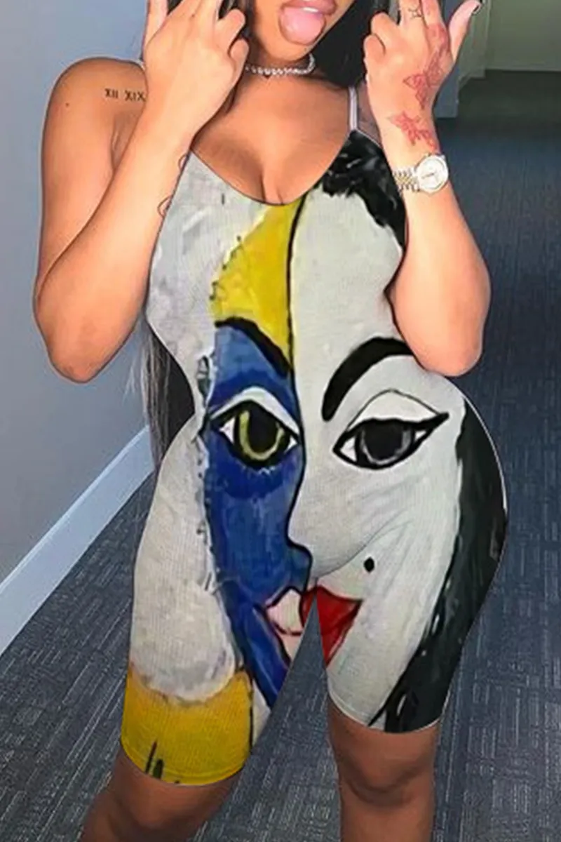 Sexy Print Split Joint V Neck Skinny Jumpsuits