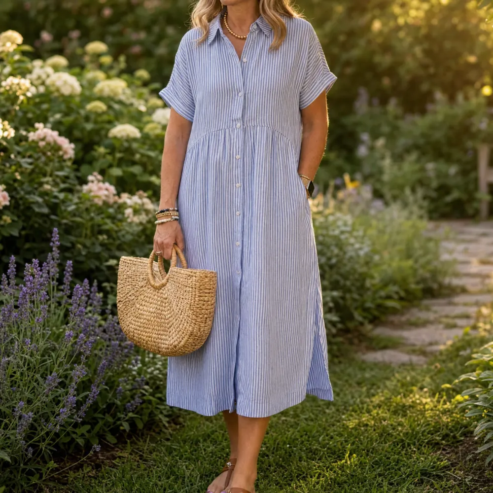 Shirt Striped Airy Midi Dress