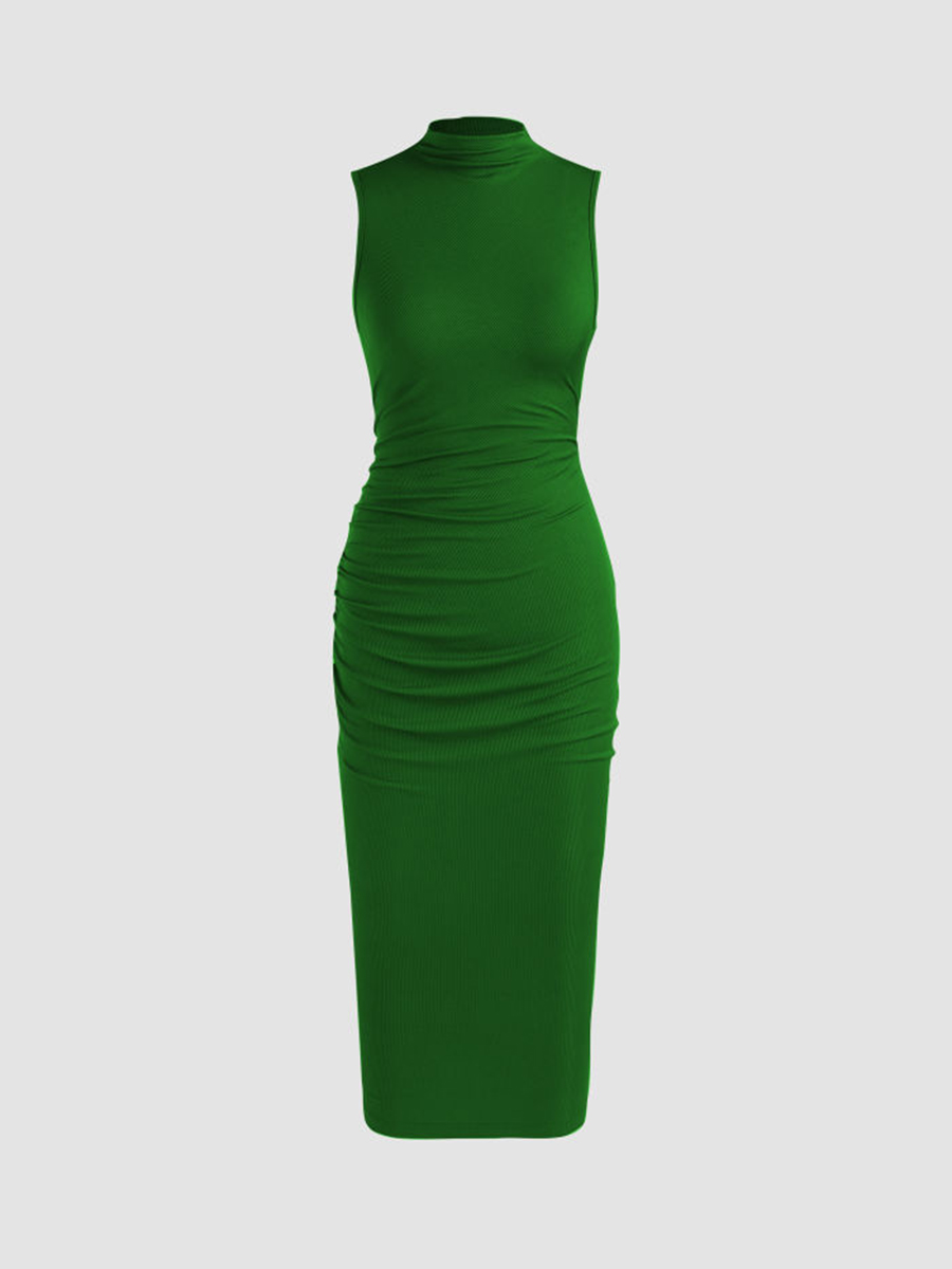 High Neck Ruched Midi Dress