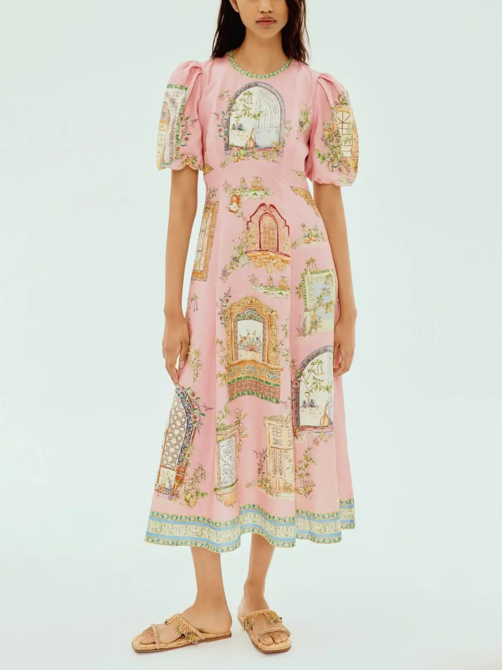 Garden Print Puff Sleeve Flared Midi Dress