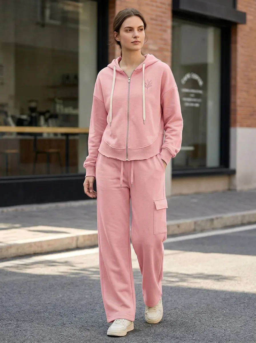 Women's Minimalist Botanical Leaf Embroidered Zip-up Hoodie Sweatpants Set