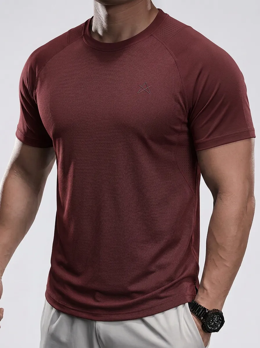 Men's Emblem Athletic Mesh Textured Raglan Performance Sport Crewneck T-Shirt