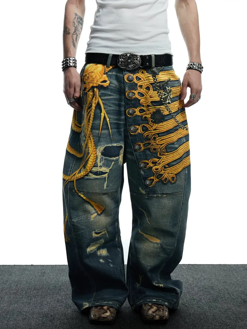Baroque Military Embroidered Distressed Wide-Leg Jeans