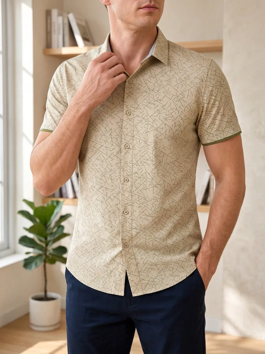 Men's Abstract Geometric Contrast Trim Short Sleeve Slim Fit Shirt