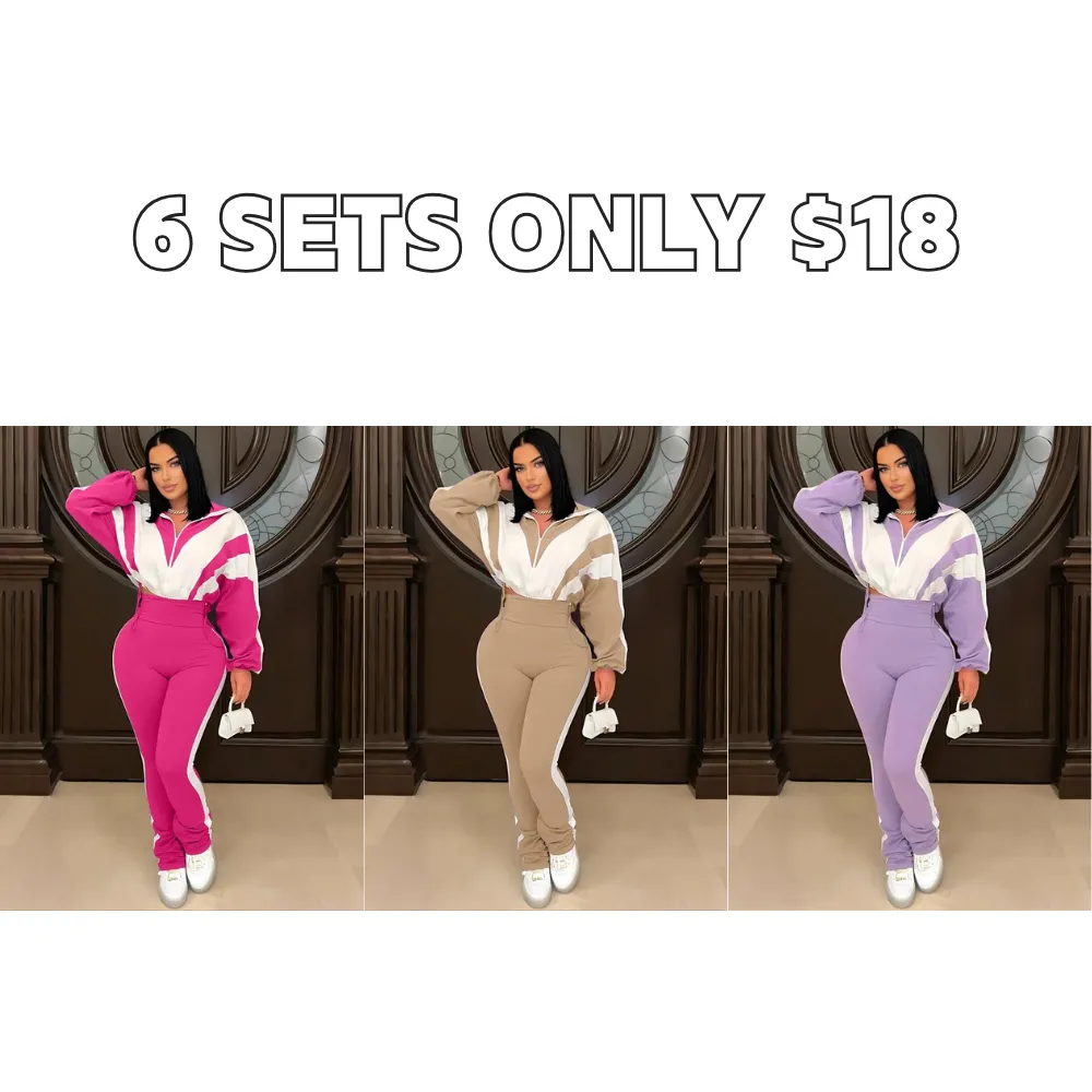 Womens Sweatsuits 2 Piece Set Contrast Color Long Sleeve Zip Up Cropped Jacket Leggings Pants Jogger Track Suits