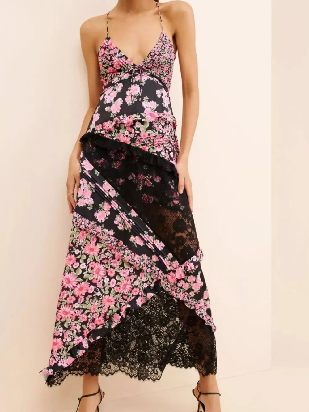 Floral Lace V Neck Maxi Dress