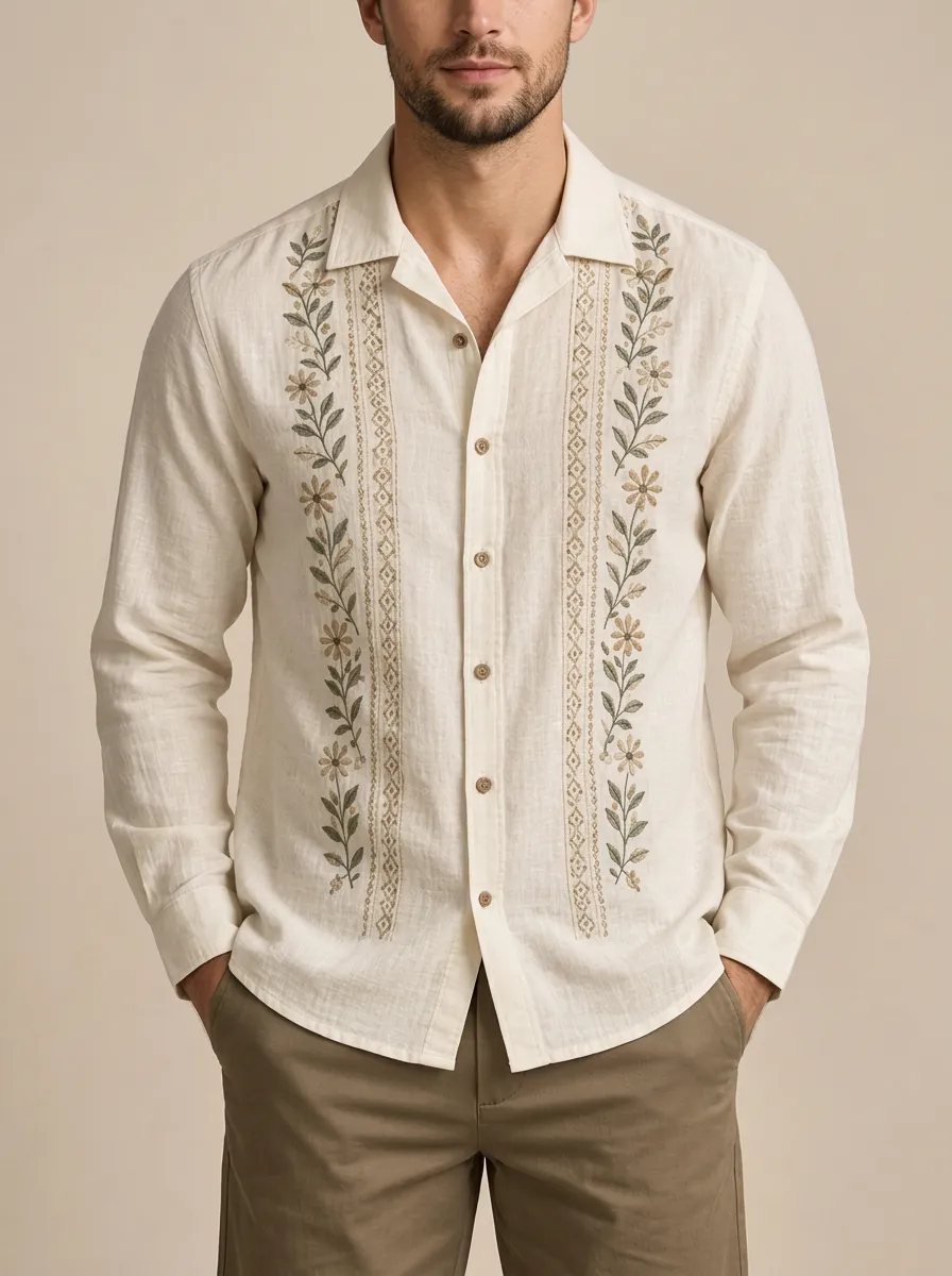 Men's Artful Floral Boho Embroidered Linen Shirt