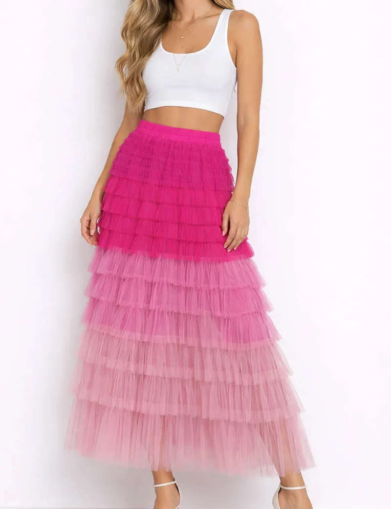 Chic Tiered Ruffle Mesh Midi Skirt