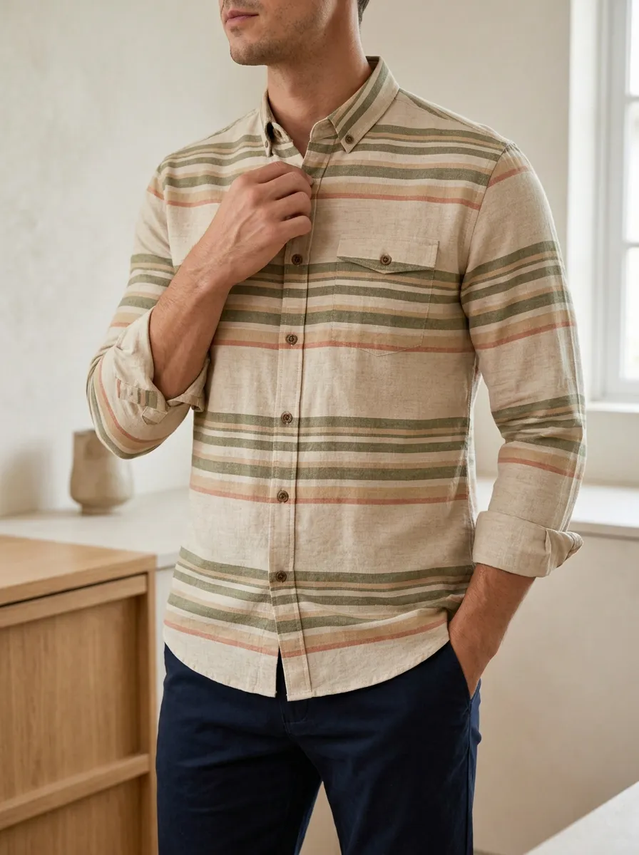 Men's Minimal Multi-Stripe Chest Pocket Long Sleeve Slim Fit Shirt