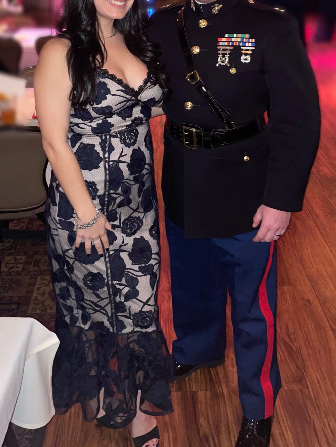 Navy Blue Floral Mesh Lace Trumpet Midi Dress