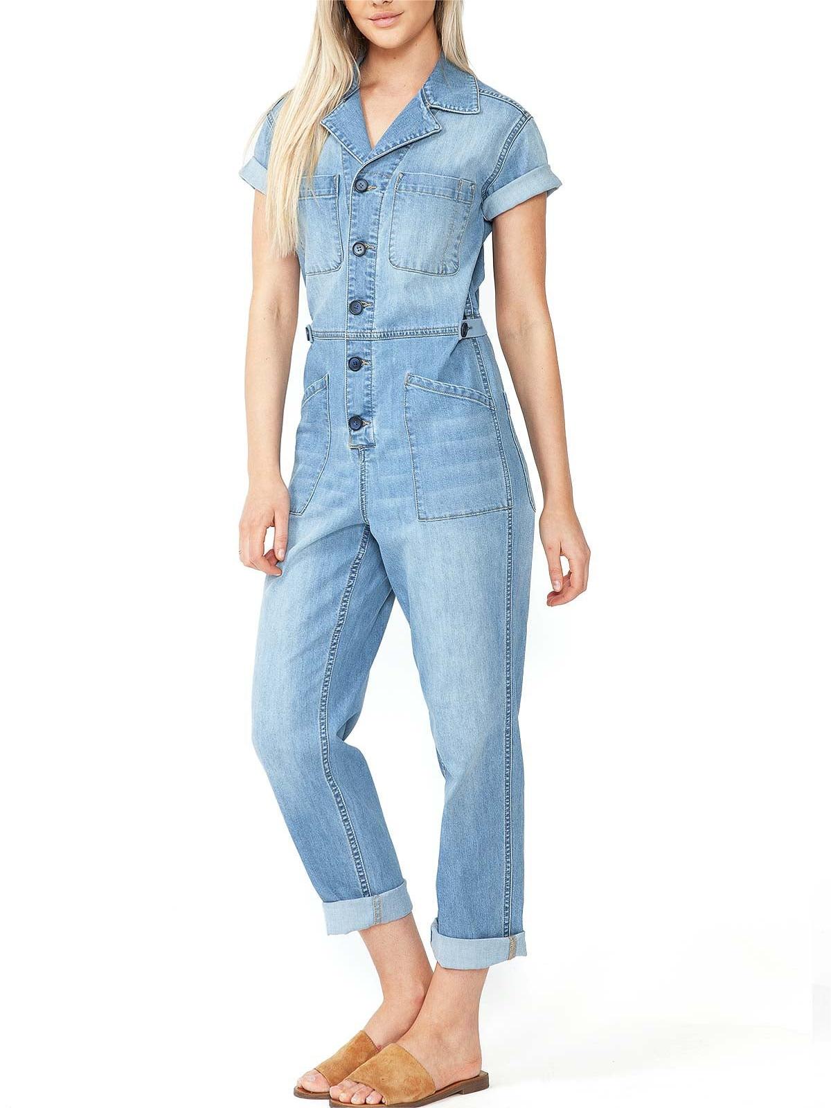 Light Blue Denim Short - Sleeve Jumpsuit