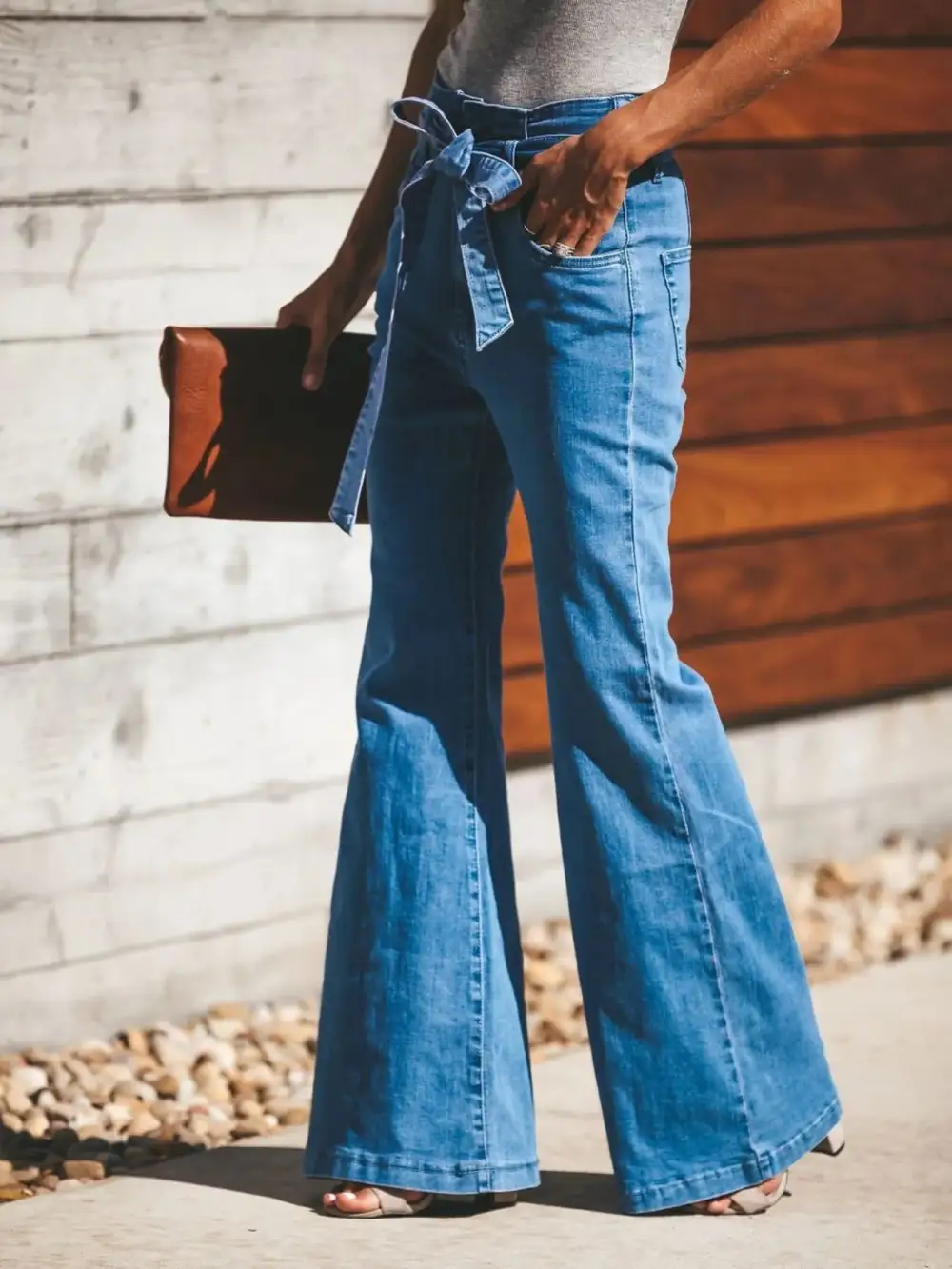 High Waisted Tie Front Flared Denim Jeans