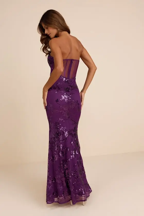 Mayley Purple Sequin Strapless Maxi Dress