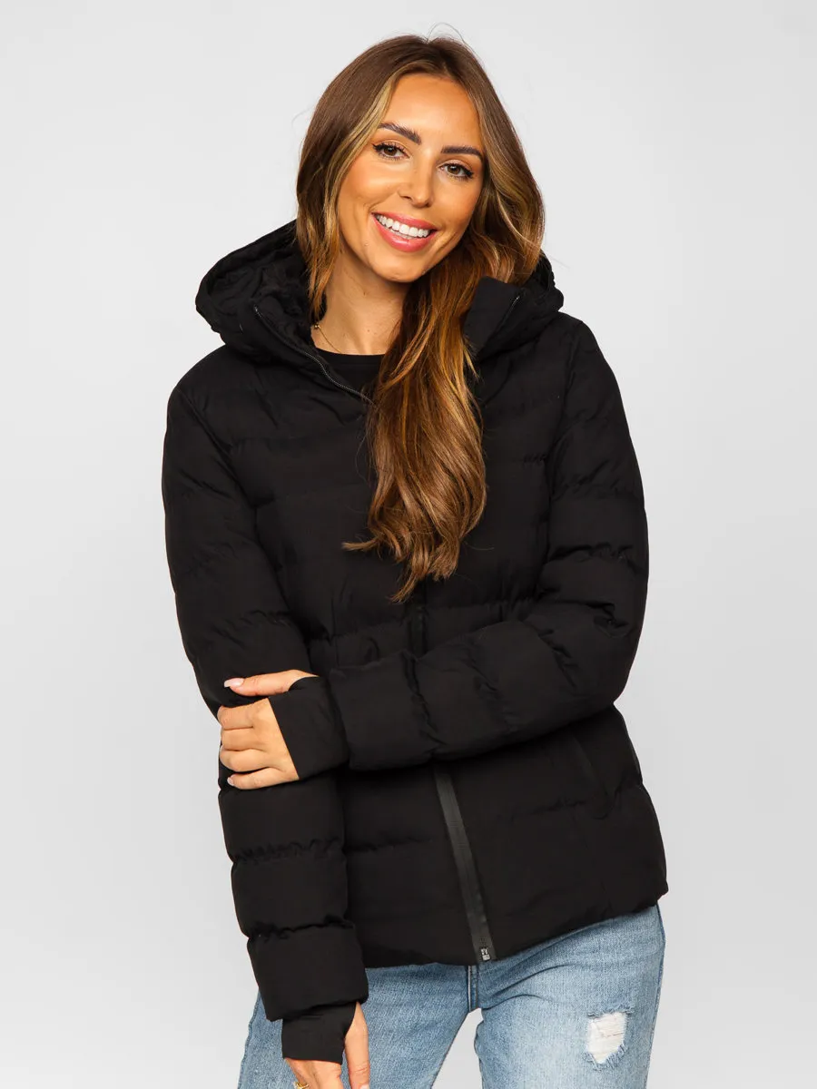 Black women's quilted winter jacket with hood