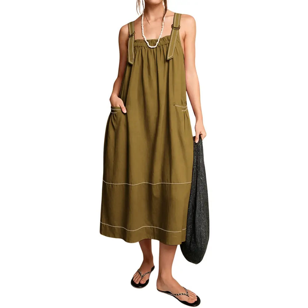 Women's Barrel Midi Dress Sleeveless Strappy Maxi Dress with Big Pockets & Adjustable Straps Minimalist Basic Casual Fall Dress