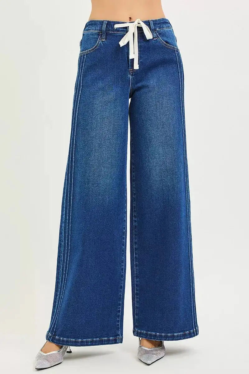 Mid Rise Wide Leg Drawstring Denim Jeans