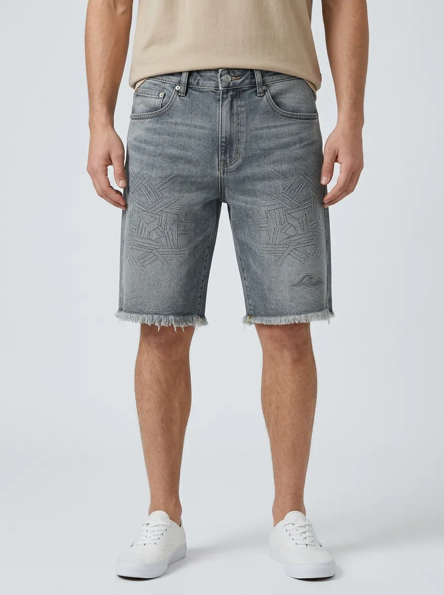 Men's Classic Geometric Raw Hem Distressed Denim Shorts