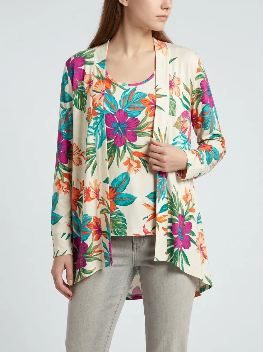 Women's Tropical Floral Cardigan Tank Top Set