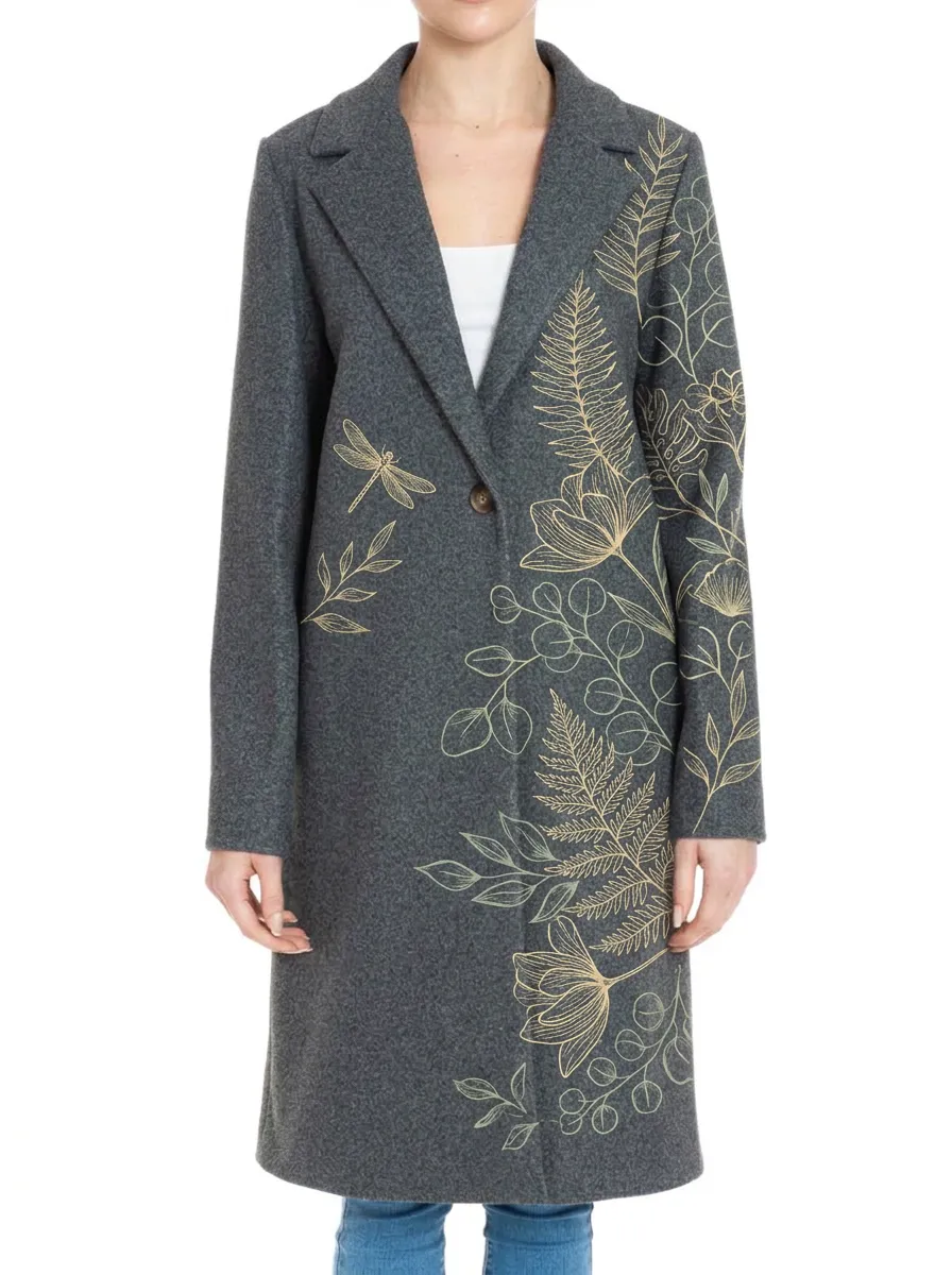 Women's Nature Lover Dragonfly Fern Printed Wool Coat