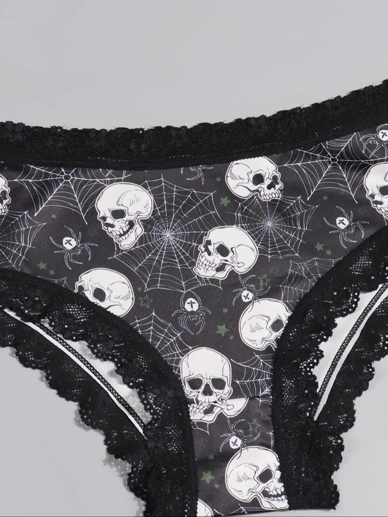 Women Cute Gothic Halloween Contrast Lace Hipster Panties, Contrast Binding Boyshorts