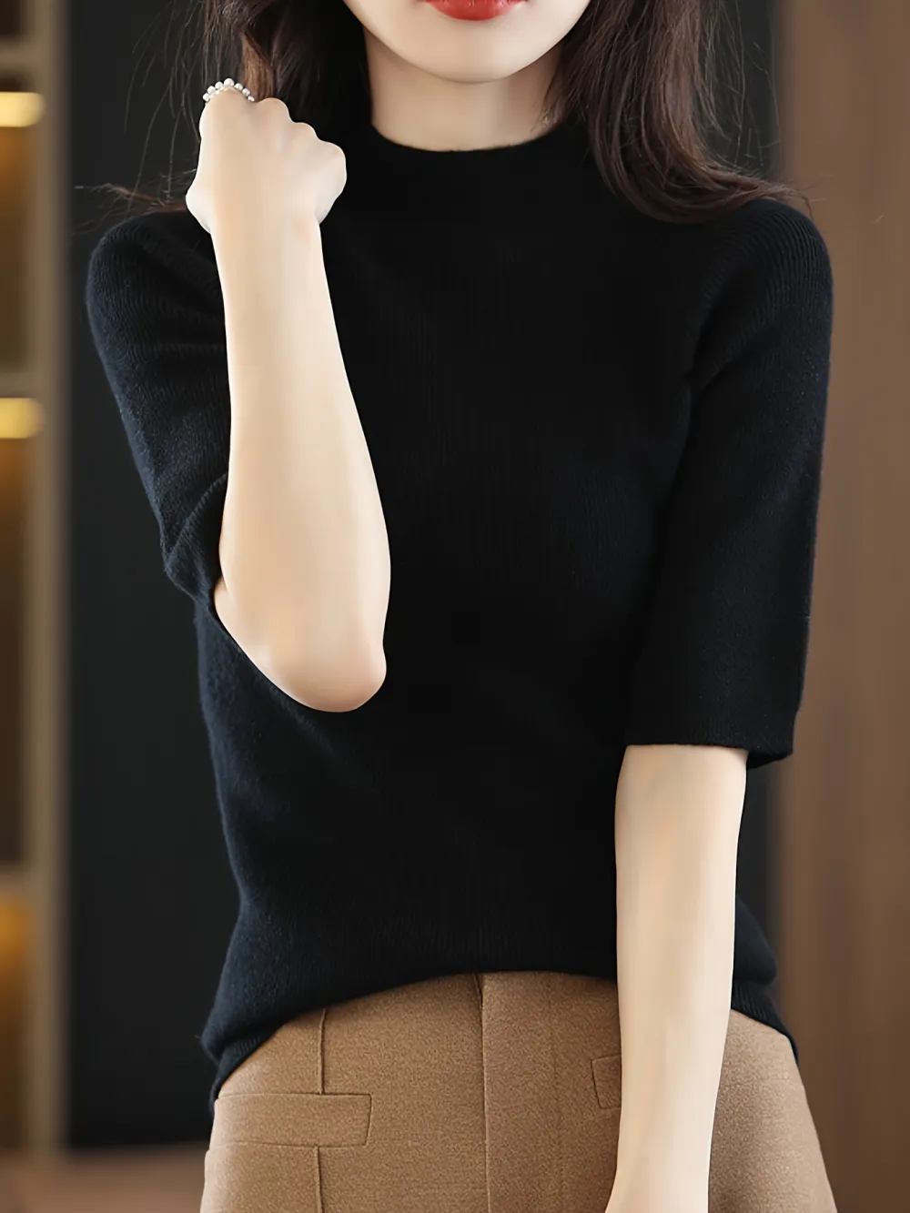 Mock Neck Knitted Top Casual Short Sleeve