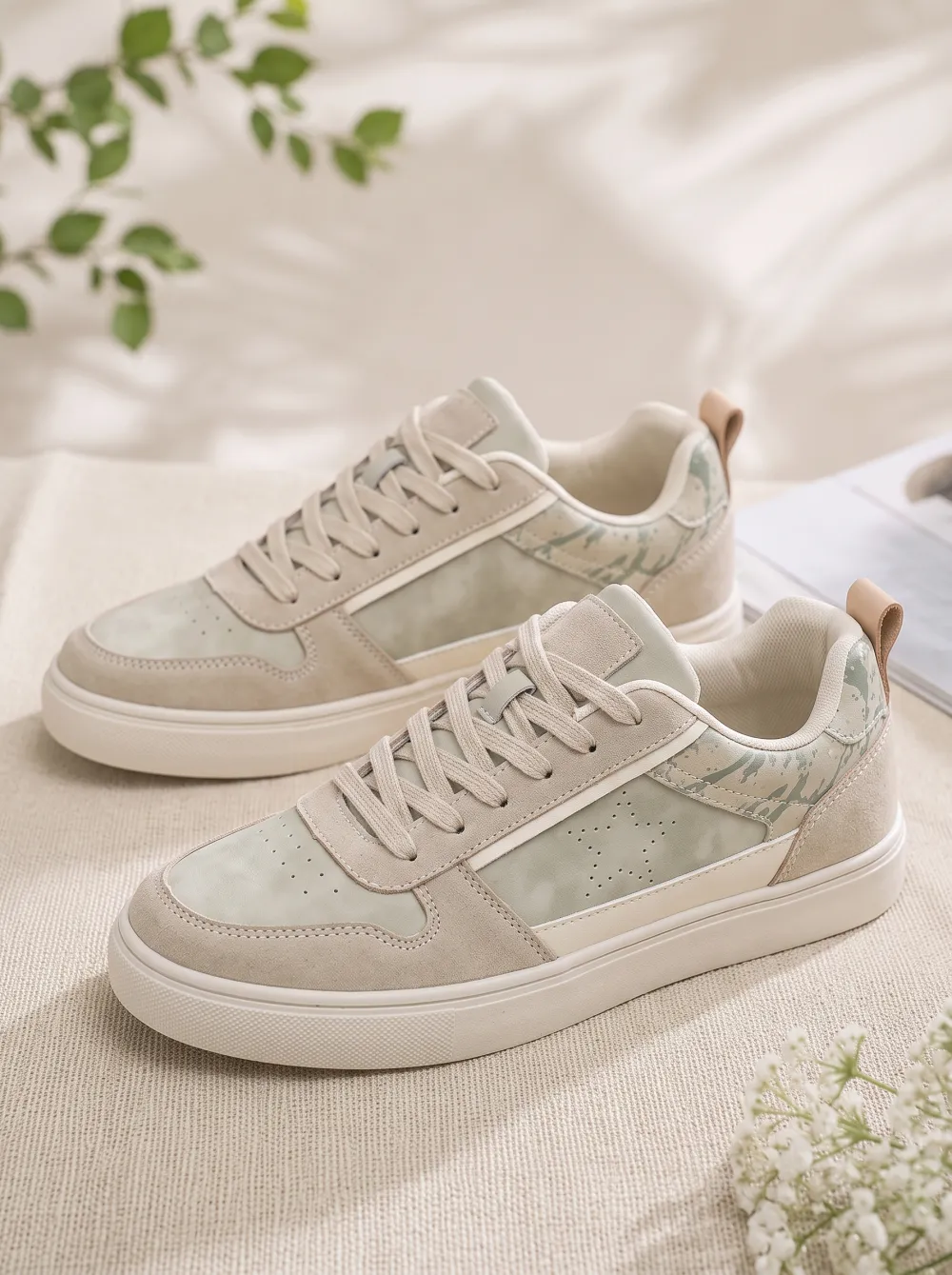 Men's Casual Sage Green Suede Printed Sneakers