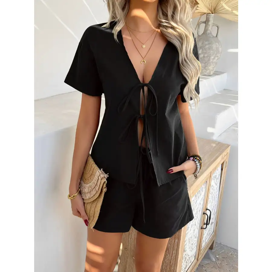 Tied V Neck Short Sleeve Top and Shorts Set