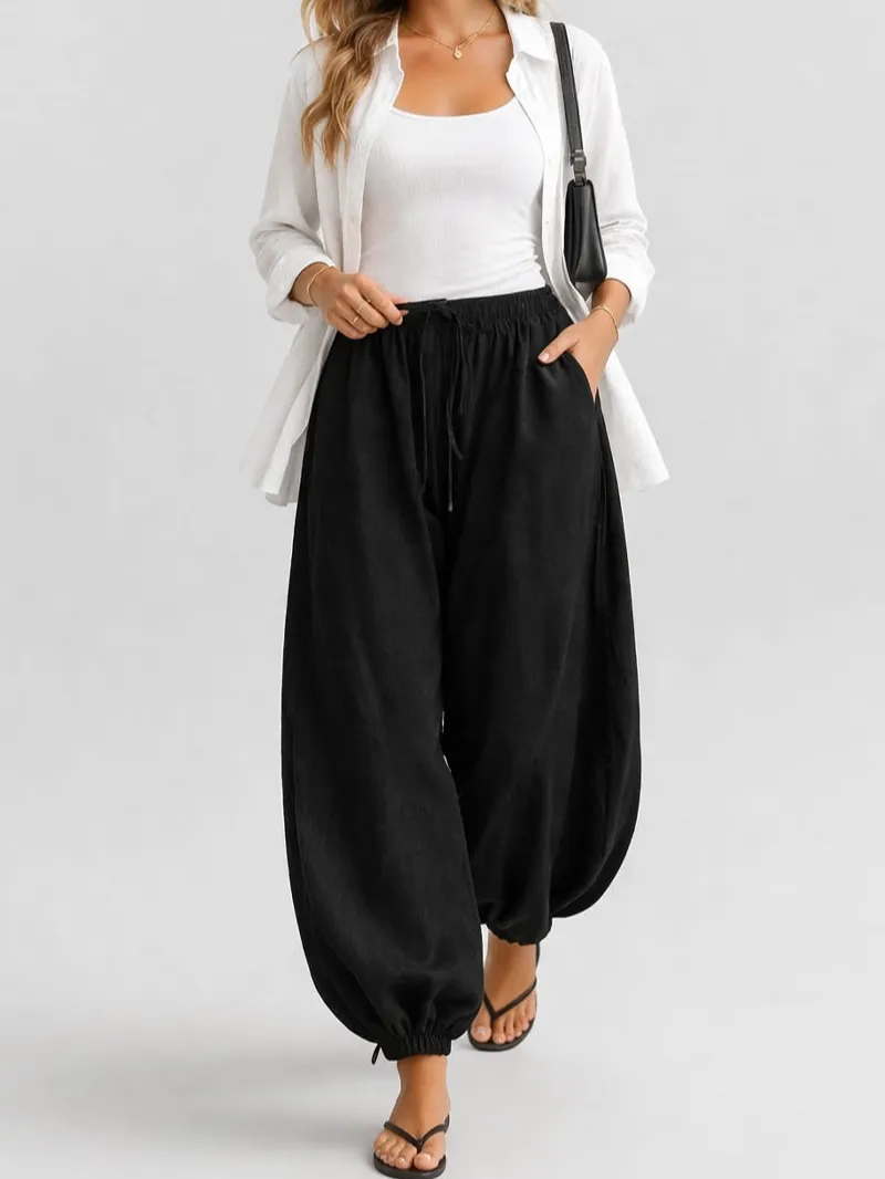 Solid Color Elastic Waist Drawstring Lantern Pants