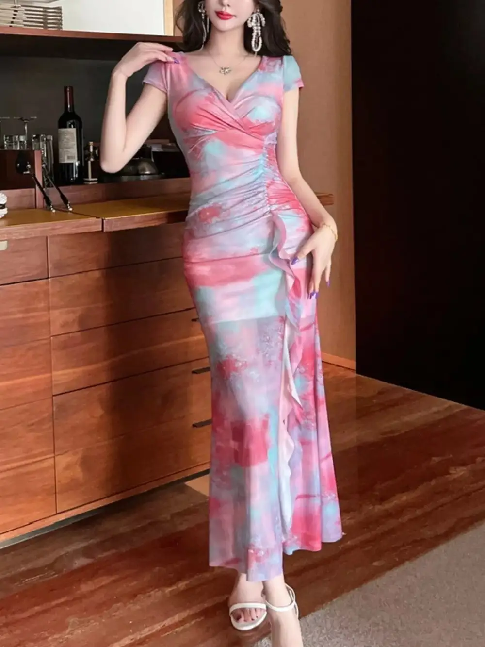 Ruffle Slit Dress Casual