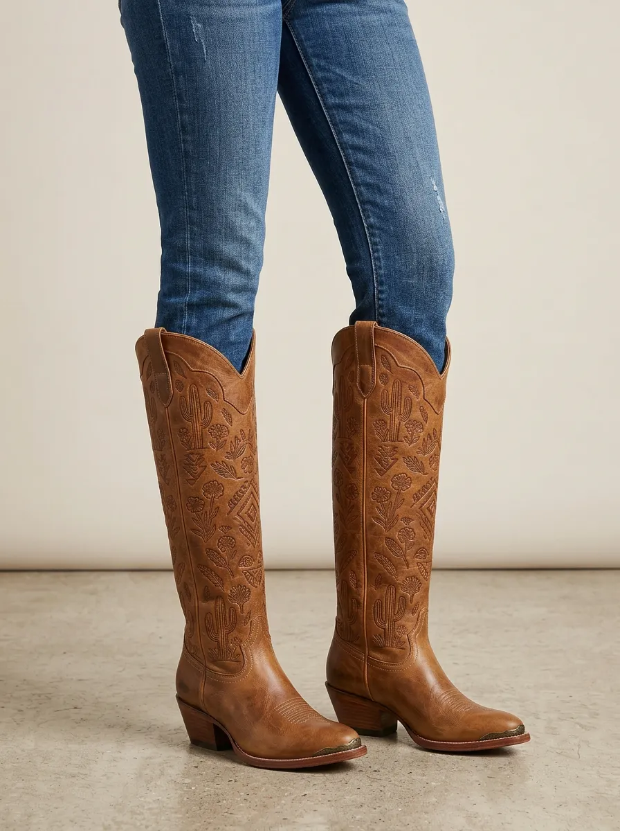 Women's Western Cactus Floral Embroidered Embossed Pointed-Toe Block-Heel Denim Over-the-Knee Boots