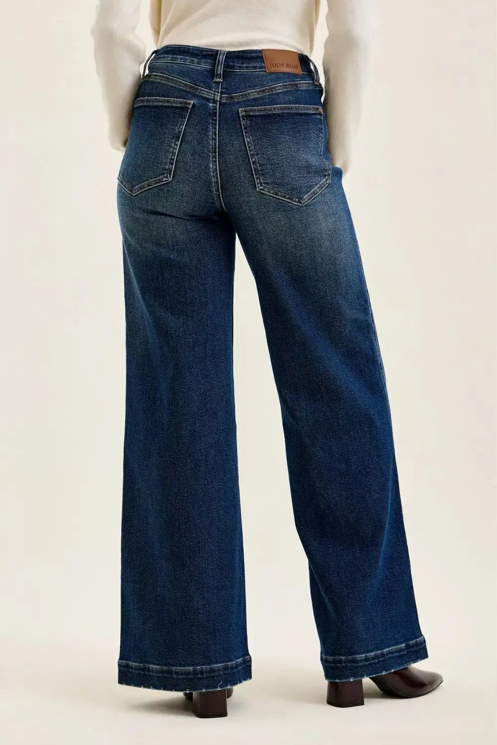 High Rise Raw Hem Patch Pocket Wide Leg Jeans